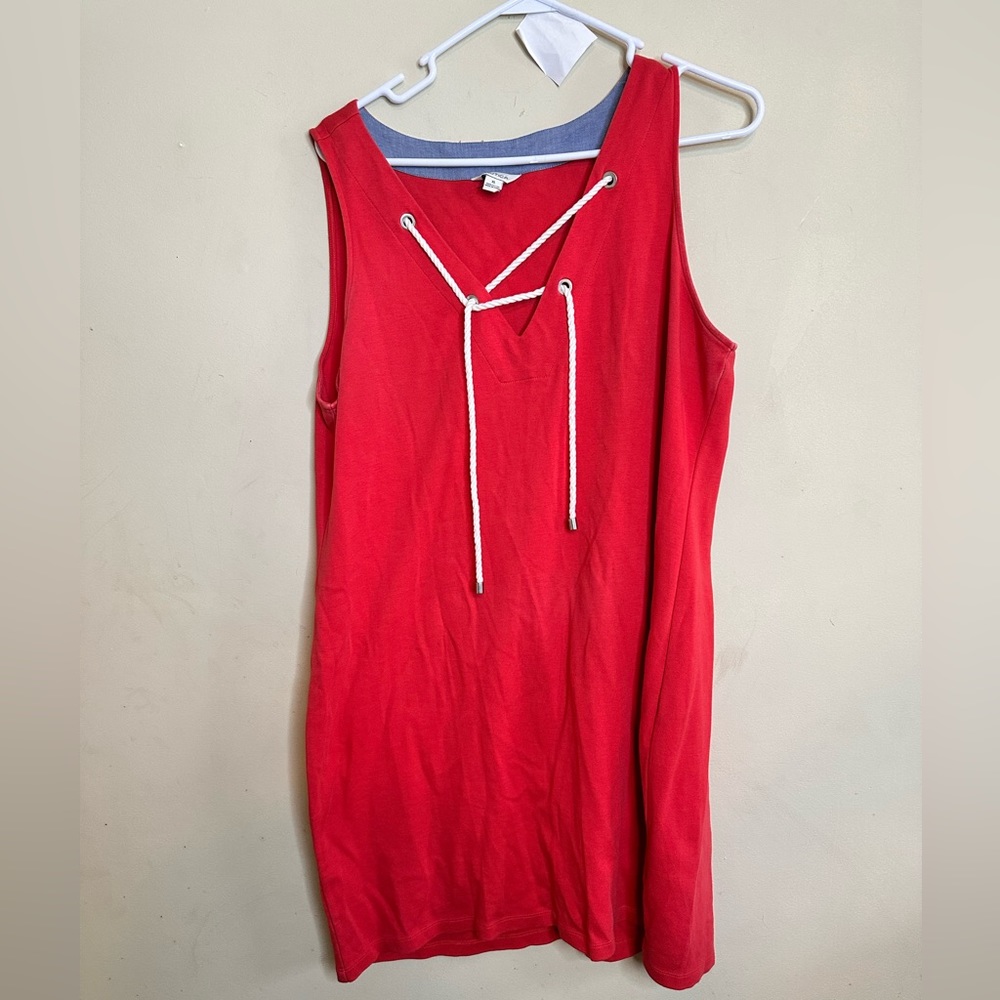 Nautica Women's Size XL Red Sleeveless Tie V Neckline 100% Cotton Dress